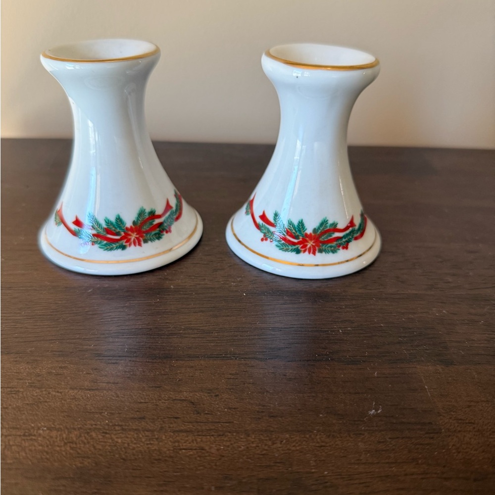 Poinsettia and Ribbons Candlesticks Pair